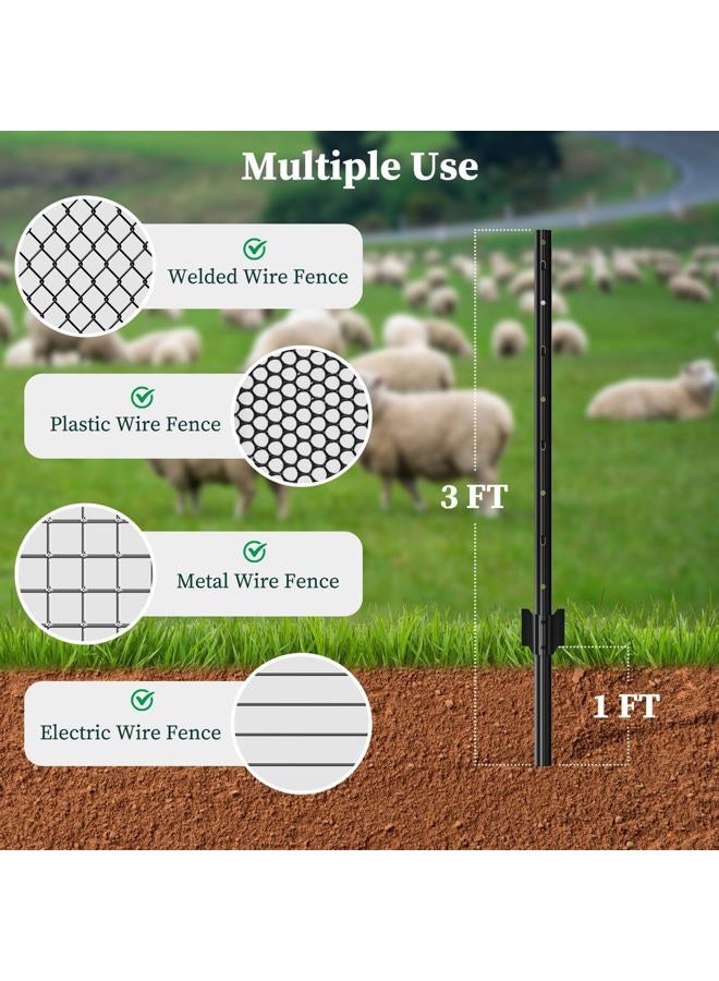 CLEASO 10 Pack Metal Fence Posts, 3ft Heavy Duty U-Post, Black Garden Stakes, No-Dig Post Anchors for Wire Fences, Temporary Fencing, Electric Fence, and Corner Support - Image 2