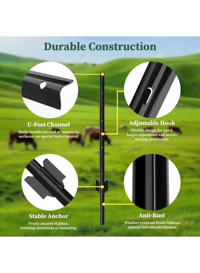 CLEASO 10 Pack Metal Fence Posts, 3ft Heavy Duty U-Post, Black Garden Stakes, No-Dig Post Anchors for Wire Fences, Temporary Fencing, Electric Fence, and Corner Support - Image 4