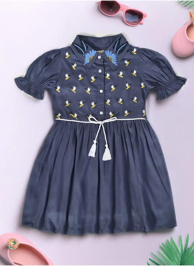 بيلا مودا Bella Moda Embroidered Puff Sleeve Knee-Length Dress