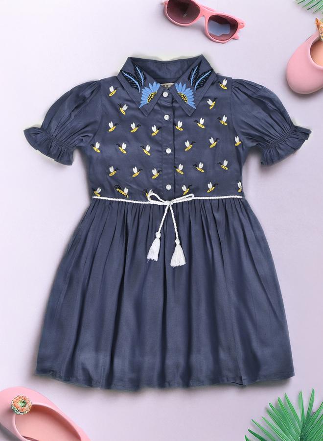 BELLA MODA Embroidered Puff Sleeve Knee-Length Dress - Image 1