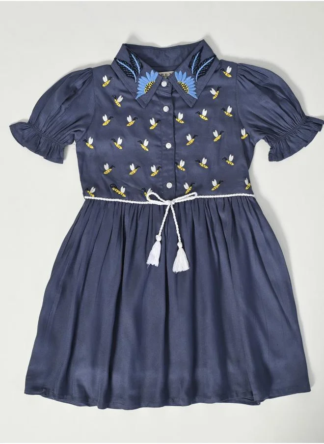 بيلا مودا Bella Moda Embroidered Puff Sleeve Knee-Length Dress