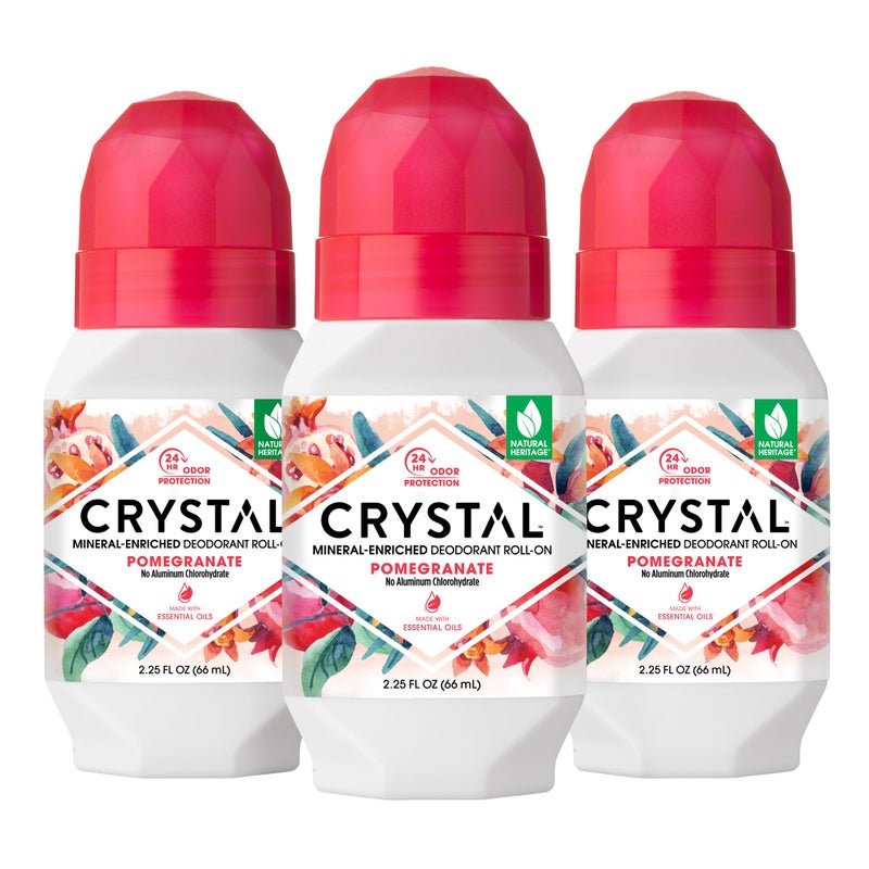 CRYSTAL ESSENCE مزيل عرق كريستال معدني رول أون مع حماية من الروائح لمدة 24 ساعة، رمان، رول أون غير لزج، كلوريد الألمنيوم، 2.25 أونصة سائلة - 3 عبوات - Image 1