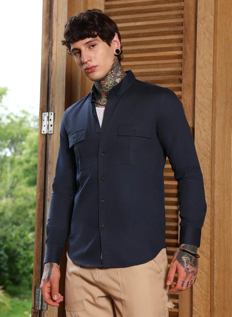 Campus Sutra Campus Sutra Men's Navy Blue Utility-Safari Regular Shirt | Slim Fit Button-Down Collar Design With Dual Flap Pockets | Cotton Blend & Breathable Fabric For Casual & Formal Occasions