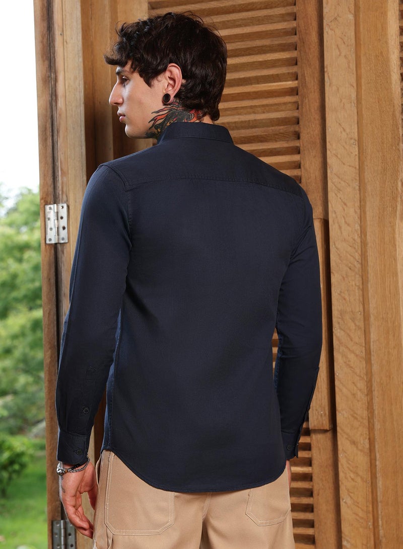 Campus Sutra Campus Sutra Men's Navy Blue Utility-Safari Regular Shirt | Slim Fit Button-Down Collar Design With Dual Flap Pockets | Cotton Blend & Breathable Fabric For Casual & Formal Occasions - Image 5