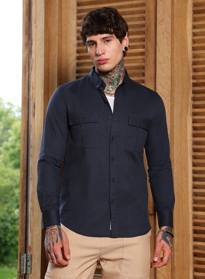 Campus Sutra Campus Sutra Men's Navy Blue Utility-Safari Regular Shirt | Slim Fit Button-Down Collar Design With Dual Flap Pockets | Cotton Blend & Breathable Fabric For Casual & Formal Occasions - Image 2