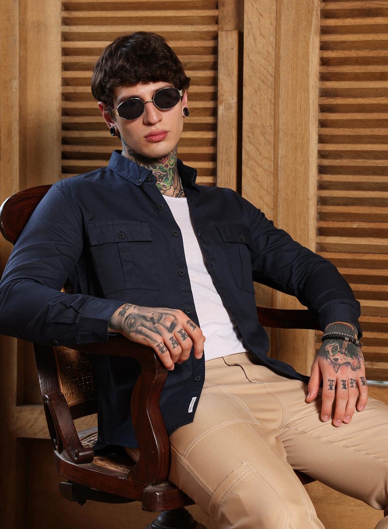 Campus Sutra Campus Sutra Men's Navy Blue Utility-Safari Regular Shirt | Slim Fit Button-Down Collar Design With Dual Flap Pockets | Cotton Blend & Breathable Fabric For Casual & Formal Occasions - Image 1