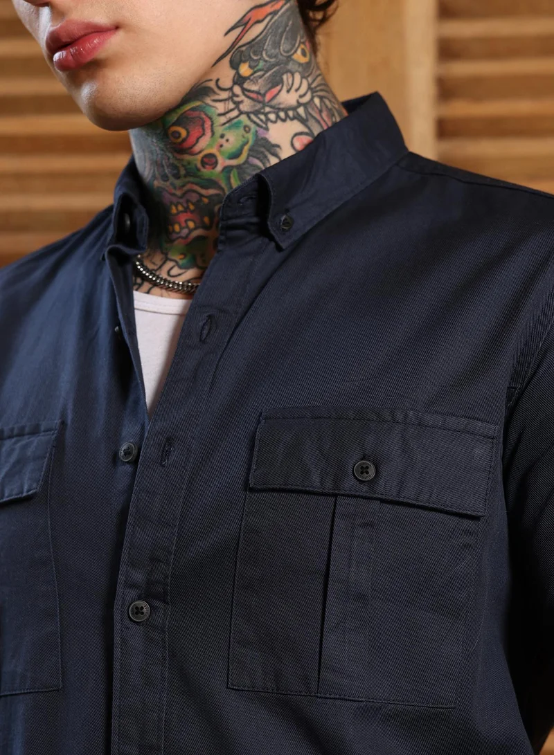 Campus Sutra Campus Sutra Men's Navy Blue Utility-Safari Regular Shirt | Slim Fit Button-Down Collar Design With Dual Flap Pockets | Cotton Blend & Breathable Fabric For Casual & Formal Occasions