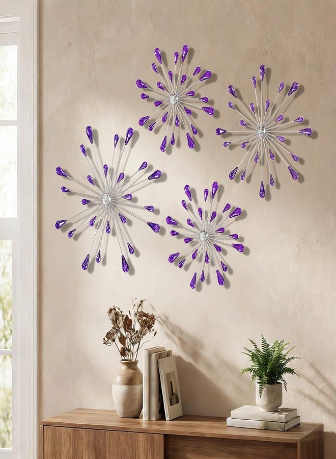 ZEXUIRU 4 Pcs Purple Starburst Wall Decor Metal Bling Wall Art Crystal Accents 3D Modern Decoration Glam Hanging Sculptures for Living Room Bedroom Office Teen Girl Room – Easy to Hang Home Decor Set - Image 1