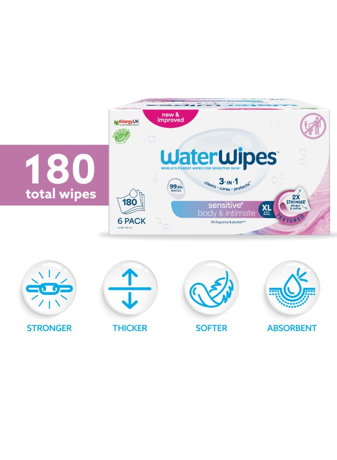 WaterWipes Sensitive+ Body & Intimate Wipes, 180 Count (6 Packs), 3-In-1 Cleans, Cares, Protects, 99.9% Water, Unscented & Hygiene Wet Wipes, Adult Care - Image 2