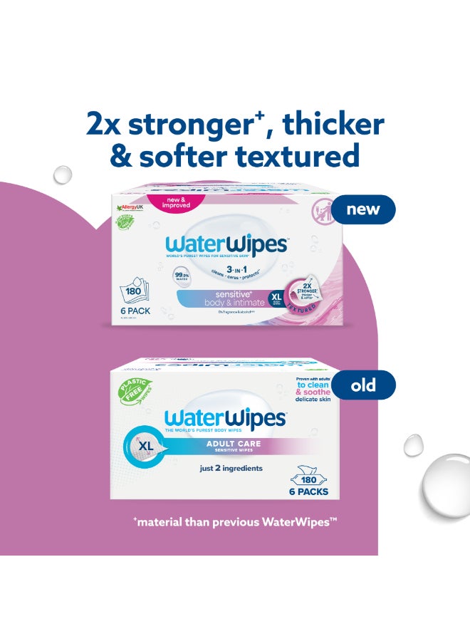 WaterWipes Sensitive+ Body & Intimate Wipes, 180 Count (6 Packs), 3-In-1 Cleans, Cares, Protects, 99.9% Water, Unscented & Hygiene Wet Wipes, Adult Care - Image 3