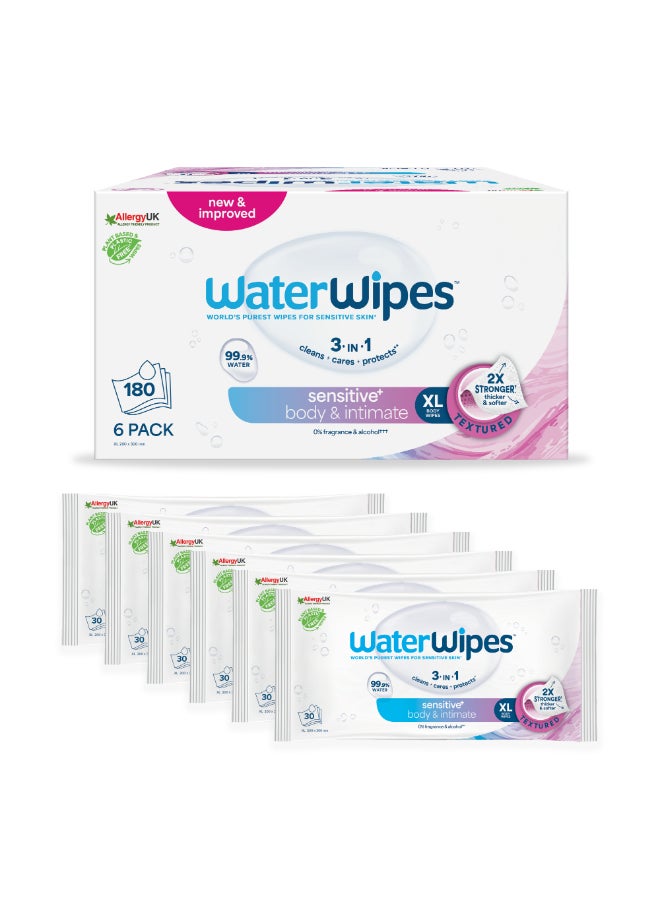 WaterWipes Sensitive+ Body & Intimate Wipes, 180 Count (6 Packs), 3-In-1 Cleans, Cares, Protects, 99.9% Water, Unscented & Hygiene Wet Wipes, Adult Care - Image 1