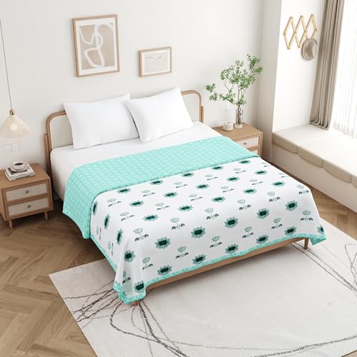 DE CAMA Cotton Double Bed Dohar | Hand Block Printed Summer AC Blanket | Mulmul Fabric 150 GSM (90 x 100 Inch)| Soft & Lightweight Comforter for All Seasons | Reversible Design - Block Sea Green Lotus - Image 2