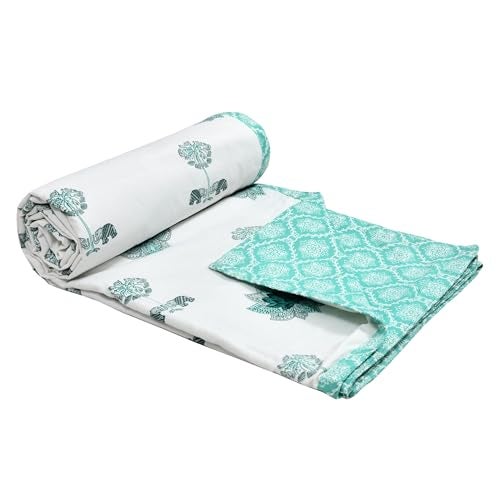 DE CAMA Cotton Double Bed Dohar | Hand Block Printed Summer AC Blanket | Mulmul Fabric 150 GSM (90 x 100 Inch)| Soft & Lightweight Comforter for All Seasons | Reversible Design - Block Sea Green Lotus - Image 3