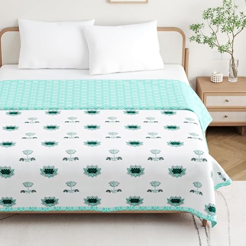 DE CAMA Cotton Double Bed Dohar | Hand Block Printed Summer AC Blanket | Mulmul Fabric 150 GSM (90 x 100 Inch)| Soft & Lightweight Comforter for All Seasons | Reversible Design - Block Sea Green Lotus - Image 1