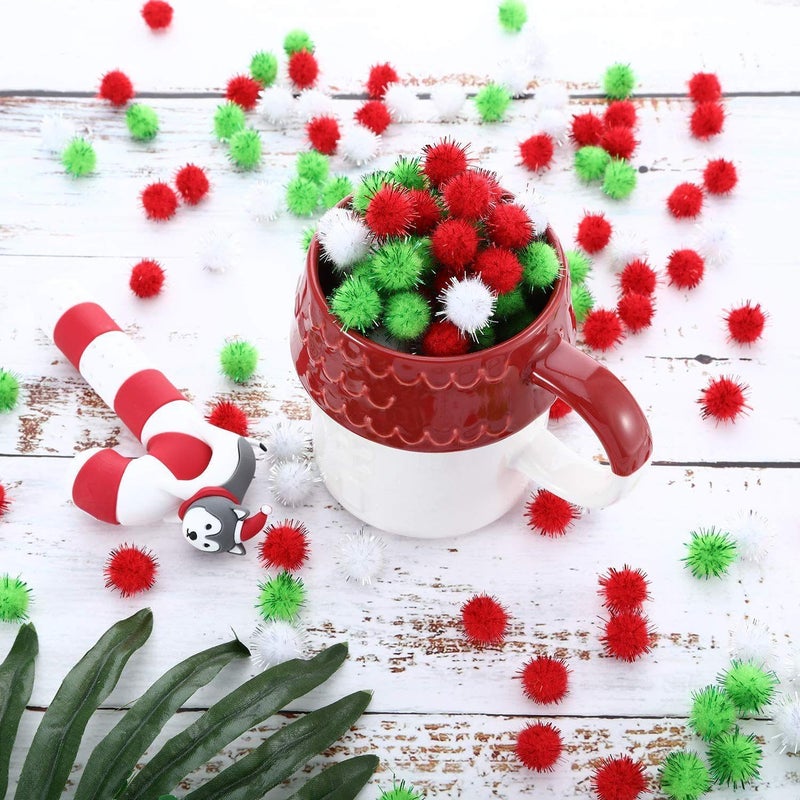 Hestya 500 Pieces 0.5 Inch Sparkly Christmas Pompoms Dazzling Fluffy Pom Poms Balls Small Glitter Felt Pompoms for Craft DIY Home Decorations Hobby Supplies(White, Light Green, Red) - Image 4