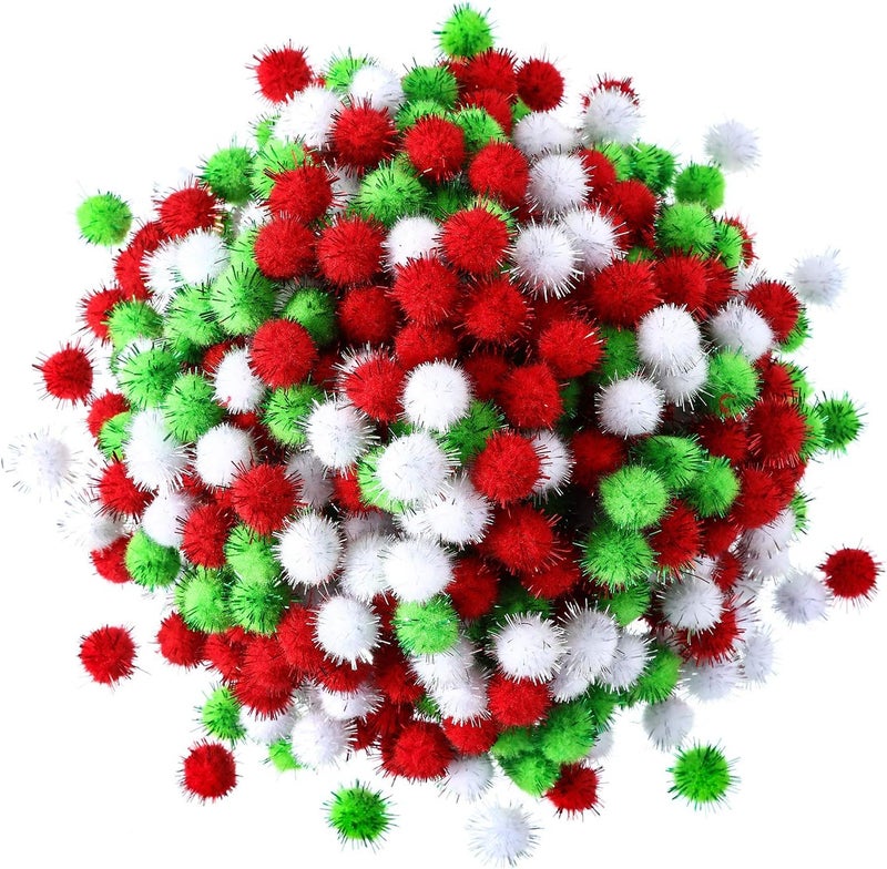 Hestya 500 Pieces 0.5 Inch Sparkly Christmas Pompoms Dazzling Fluffy Pom Poms Balls Small Glitter Felt Pompoms for Craft DIY Home Decorations Hobby Supplies(White, Light Green, Red) - Image 1