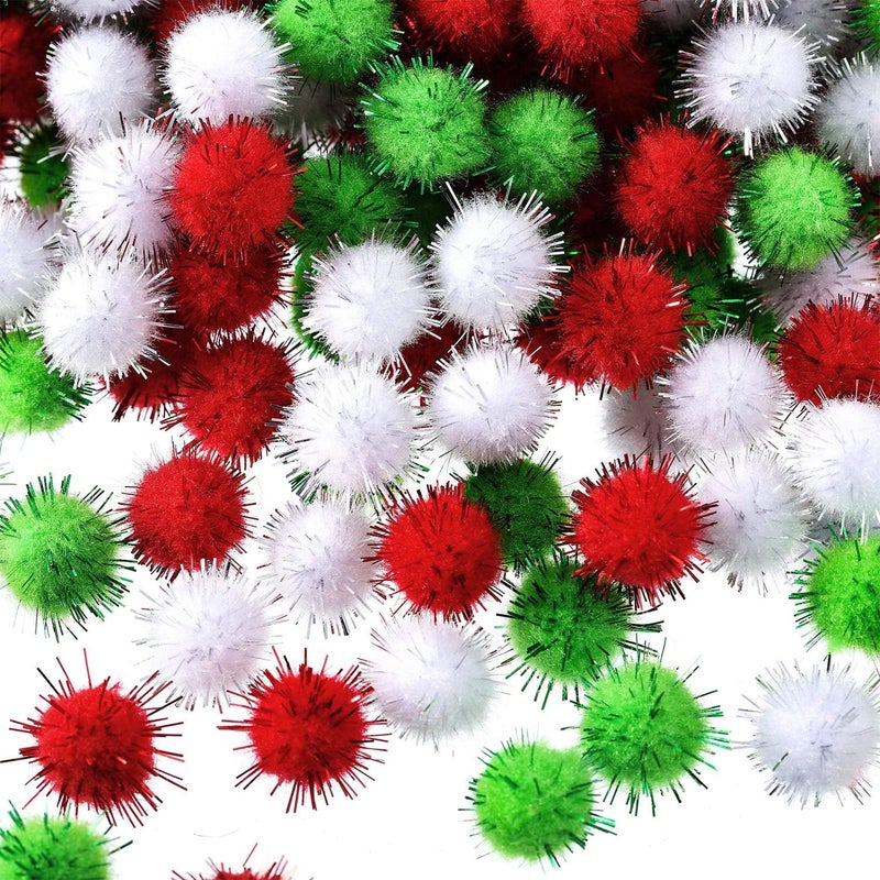 Hestya 500 Pieces 0.5 Inch Sparkly Christmas Pompoms Dazzling Fluffy Pom Poms Balls Small Glitter Felt Pompoms for Craft DIY Home Decorations Hobby Supplies(White, Light Green, Red) - Image 2