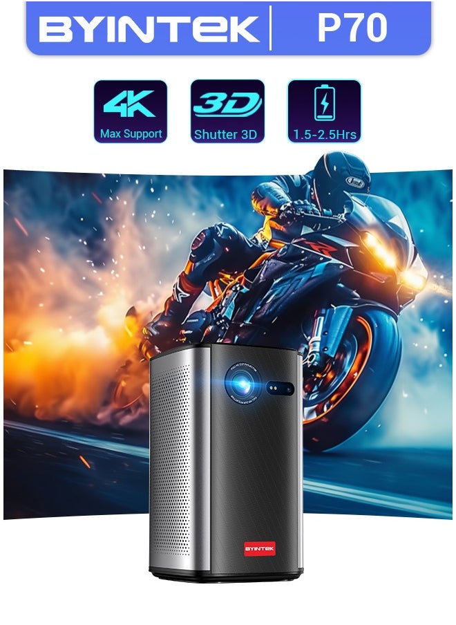 باينتيك - جهاز عرض واي فاي ذكي من BYINTEK P70، بطارية 8000 مللي أمبير، تركيز تلقائي، أندرويد 9.0، يدعم تقنية 3D، شاشة واي فاي، شاشة مزامنة سلكية، بدون حقيبة وحامل ثلاثي القوائم - Image 1