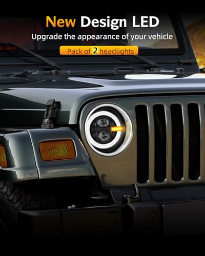 UNI-SHINE UNISHINE 7 Inch Round LED Headlights 2PCS H6024 Projector Headlights with Halo DRL Amber Turn Signal DOT Approved HiLo Beam Compatible with Jeep Wrangler JK TJ CJ LJ Chevy Miata - Image 3