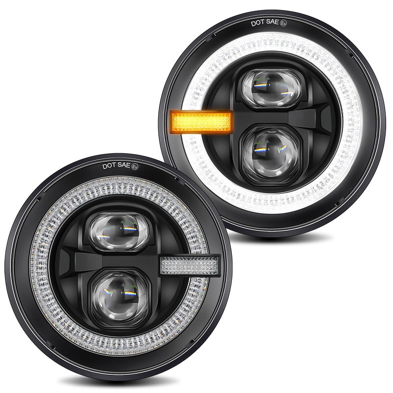 UNI-SHINE UNISHINE 7 Inch Round LED Headlights 2PCS H6024 Projector Headlights with Halo DRL Amber Turn Signal DOT Approved HiLo Beam Compatible with Jeep Wrangler JK TJ CJ LJ Chevy Miata - Image 2