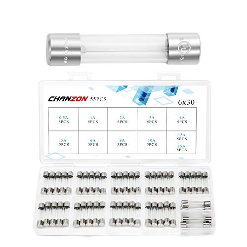 Chanzon UL Listed 11 Values 6x30mm Glass Cartridge Tube Fuse 55Pcs Fast Blow 125V (250V) Fuse Assortment Kit 0.5A 1A 2A 3A 4A 5A 6A 8A 10A 12A 15A(6.4mmx30.3mm) - Image 1