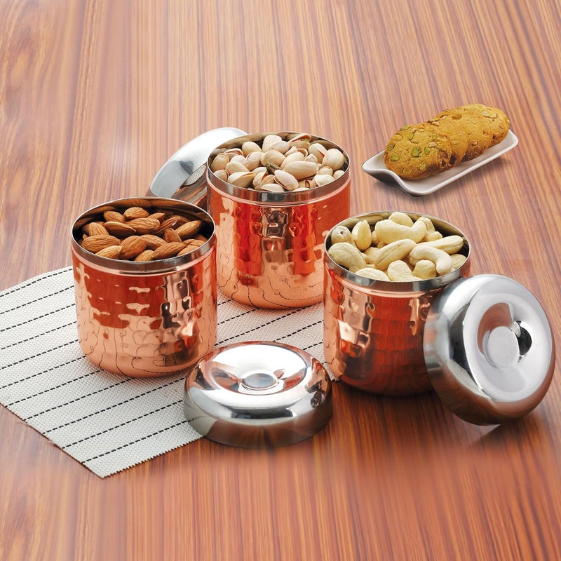 Silver Glow Silverglow Canister Set Copper Plated set of 3 Stainless steel storage jar Container set of Tea Coffee and Sugar Kitchen Dabba - Image 2
