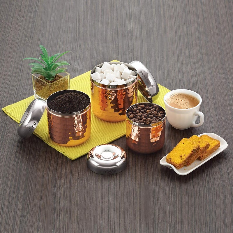 Silver Glow Silverglow Canister Set Copper Plated set of 3 Stainless steel storage jar Container set of Tea Coffee and Sugar Kitchen Dabba - Image 3