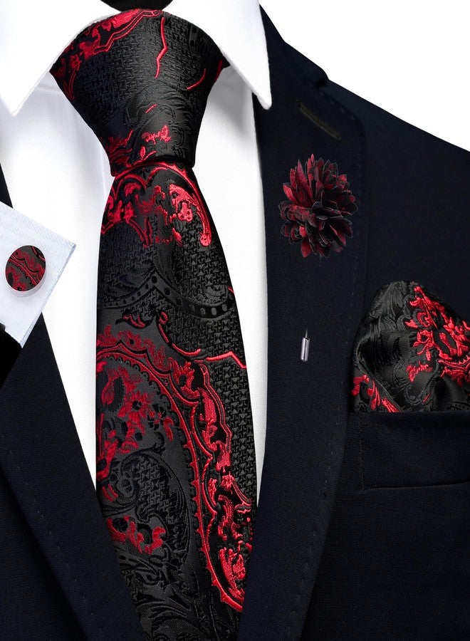 GUSLESON Red Black Tie Set for Men Silk Paisley Necktie Pocket Square Cufflinks and Lapel Pin Brooch Set for Wedding (6114-09) - Image 2