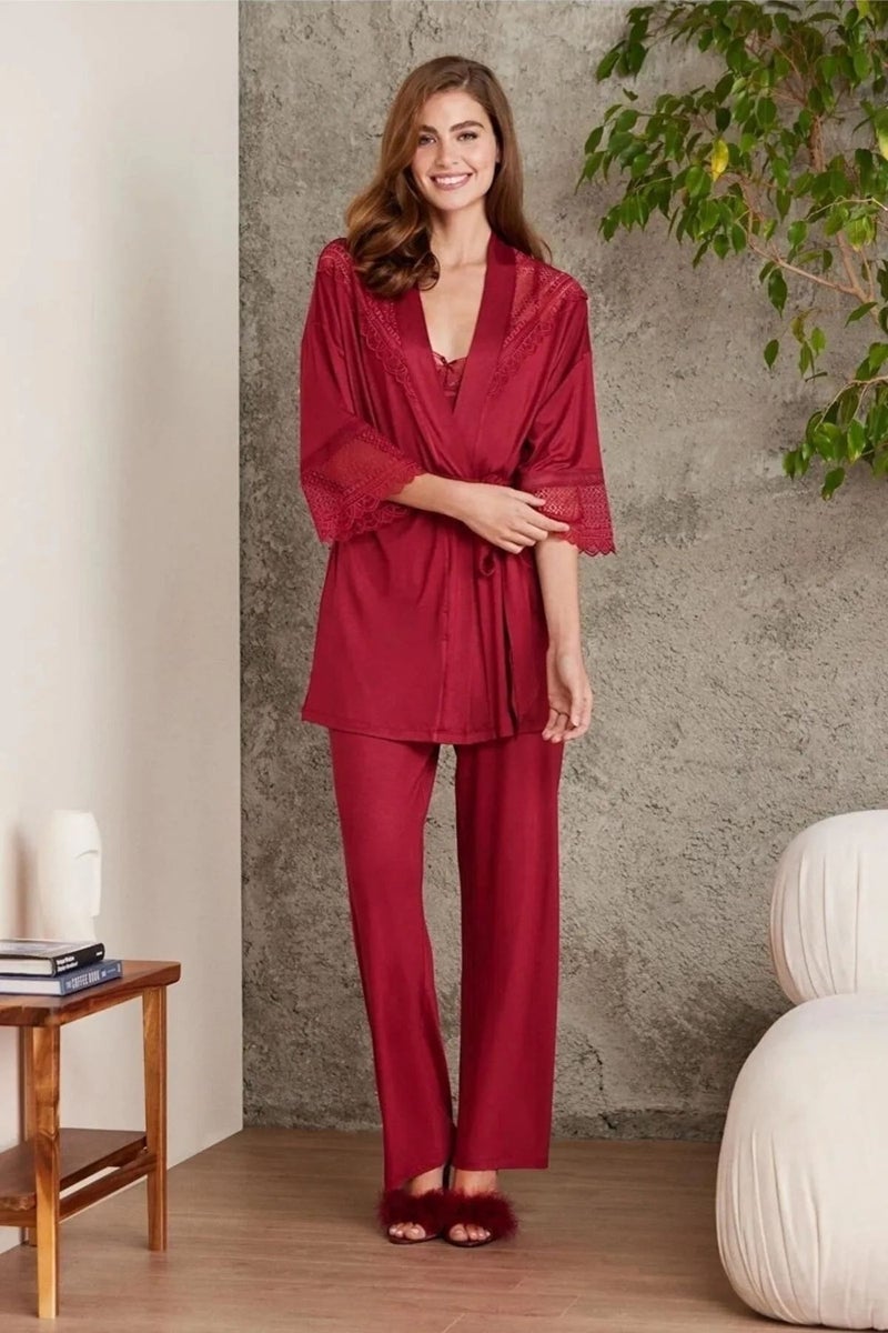 pierre cardin 2820 Women's Combed Cotton Lace Pajama Set with Dressing Gown - Claret Red  - Image 5