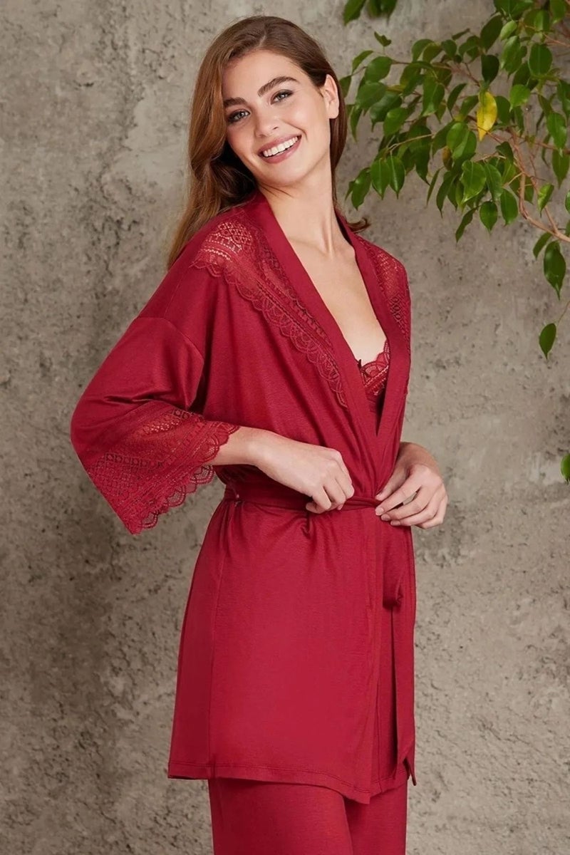 pierre cardin 2820 Women's Combed Cotton Lace Pajama Set with Dressing Gown - Claret Red  - Image 1