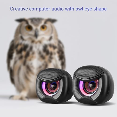 Elimavi USB Computer Speakers, 3.5mm Aux Speaker and USB Powered Interface are Suitable for Desktop Laptop Monitor, Owl Eye Design, Includes a USB-C Adapter, Colorful Lights - Image 4
