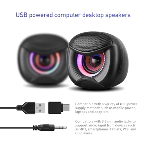 Elimavi USB Computer Speakers, 3.5mm Aux Speaker and USB Powered Interface are Suitable for Desktop Laptop Monitor, Owl Eye Design, Includes a USB-C Adapter, Colorful Lights - Image 2