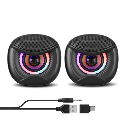 Elimavi USB Computer Speakers, 3.5mm Aux Speaker and USB Powered Interface are Suitable for Desktop Laptop Monitor, Owl Eye Design, Includes a USB-C Adapter, Colorful Lights - Image 1