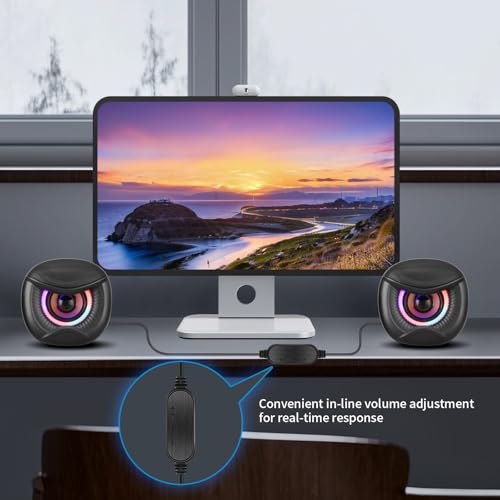 Elimavi USB Computer Speakers, 3.5mm Aux Speaker and USB Powered Interface are Suitable for Desktop Laptop Monitor, Owl Eye Design, Includes a USB-C Adapter, Colorful Lights - Image 3