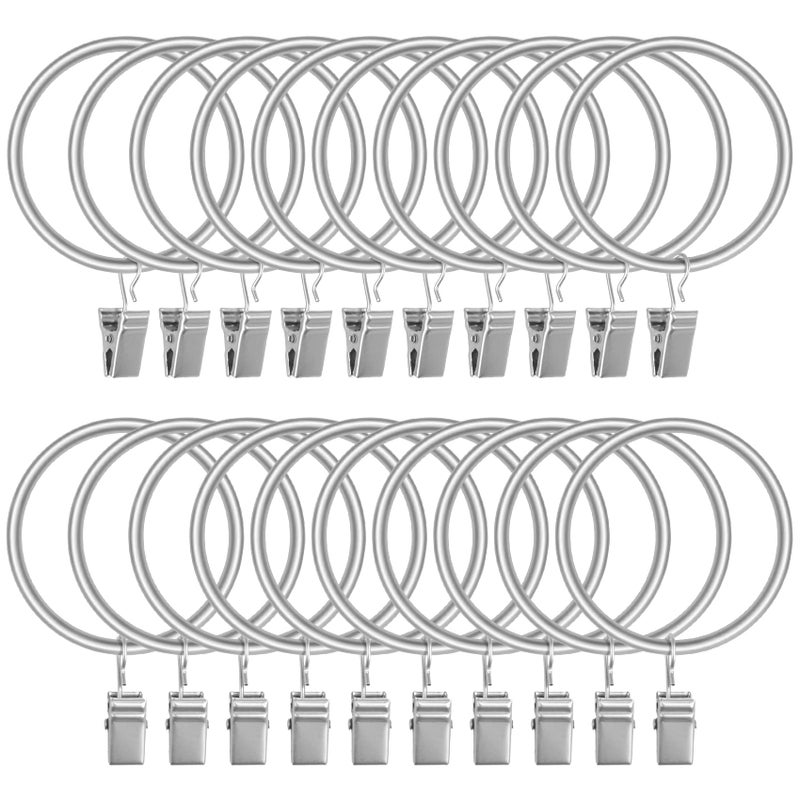 Lansian 20Pcs Rustproof Drapery Matte Stainless Steel Metal Curtain Rings With Clips Tension Curtain Hangers Clips Decorative Curtain Rod Window 1.5 Inch Drapery Rings Matte Silver - Image 1