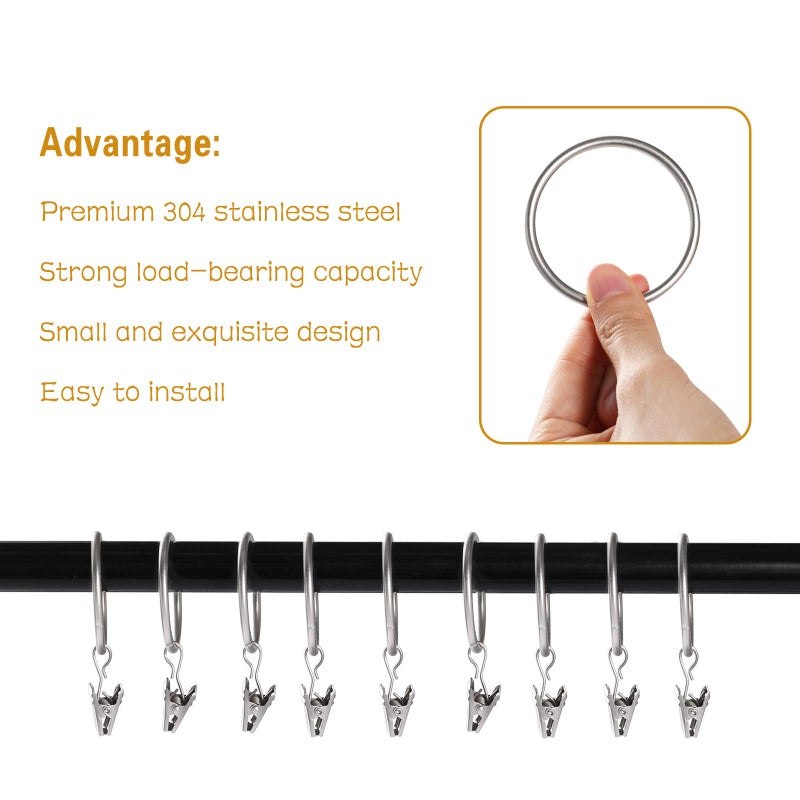 Lansian 20Pcs Rustproof Drapery Matte Stainless Steel Metal Curtain Rings With Clips Tension Curtain Hangers Clips Decorative Curtain Rod Window 1.5 Inch Drapery Rings Matte Silver - Image 3