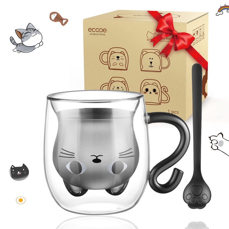 ecooe Cute Cat Mug Double Walled Glass Mug 290ml Coffee Cup Cappuccino Latte Glass Milk Tea Cup Birthday Christmas Valentines Day for Women Wife Mum Girls Boys Kids Friends