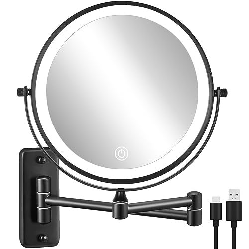 DECLUTTR Rechargeable Wall Mounted Lighted Makeup Mirror 8 inch 10X Magnifying Mirror with 3 Color Lights Dimmable Touch Screen Makeup Mirror with Lights for Bathroom Black