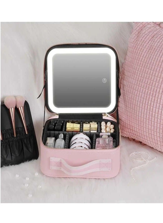 Aethvive Makeup Bag with Mirror of LED Lighted, Travel Makeup Train Case Cosmetic Bag Organizer with Mirror and Lights, Make up Bag with Light up Mirror Adjustable Divider Brush Board - Image 1