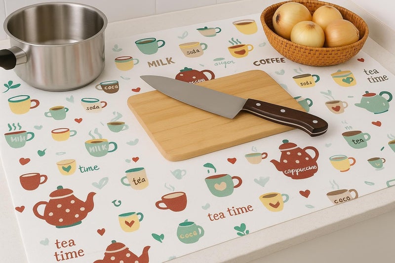GREEWELT PVC Cup & Tea Design Shelf Liner Roll (45cm x 300cm) for Kitchen Cabinet, Drawer, Fridge, Table & Wardrobe | Waterproof Anti-Slip EVA Shelf Mat | Reusable Cuttable Mat | Coffee Print - Image 2