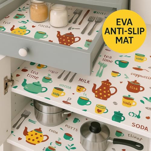 GREEWELT PVC Cup & Tea Design Shelf Liner Roll (45cm x 300cm) for Kitchen Cabinet, Drawer, Fridge, Table & Wardrobe | Waterproof Anti-Slip EVA Shelf Mat | Reusable Cuttable Mat | Coffee Print - Image 4