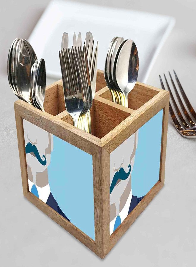 Nutcase Wooden Cutlery Stand Holder Silverware Caddy Spoons Forks Knives Organizer for Dining Table & Kitchen -Made in India-Spoons NOT Included - Hipster Man - Image 2