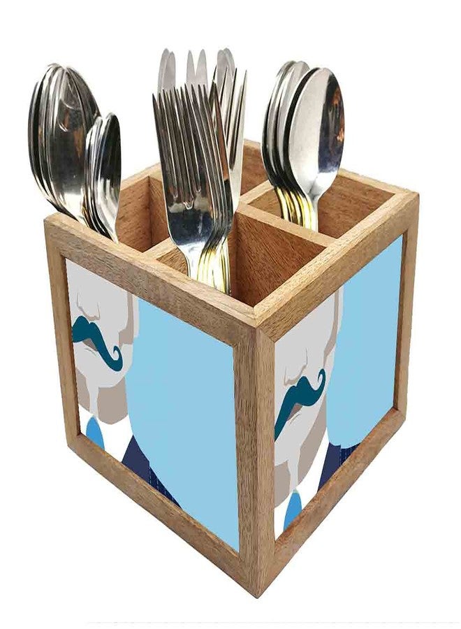 Nutcase Wooden Cutlery Stand Holder Silverware Caddy Spoons Forks Knives Organizer for Dining Table & Kitchen -Made in India-Spoons NOT Included - Hipster Man - Image 1