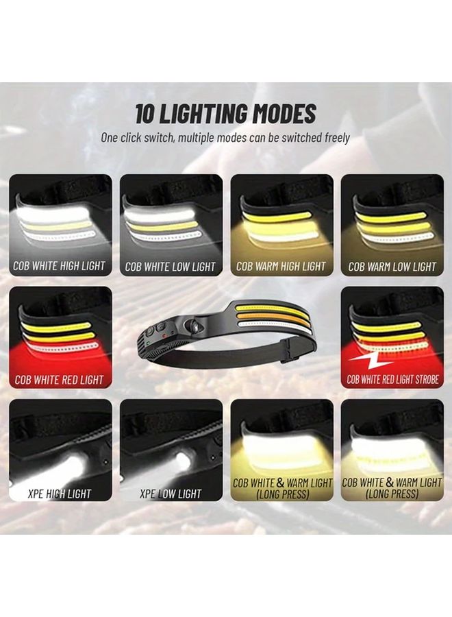 مصباح أمامي يعمل بالحركة وقابل لإعادة الشحن عبر USB مع 1 LED COB ساطع للتخييم والمشي لمسافات طويلة والعمل - Image 4