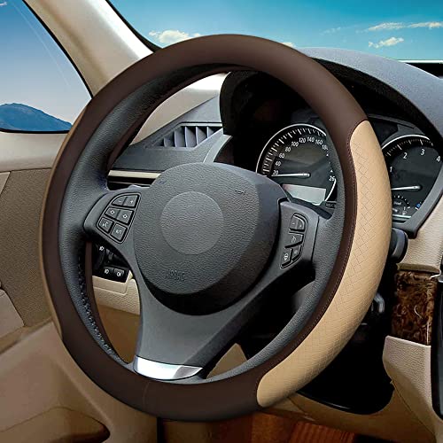 VARGTR Steering Wheel Cover, Microfiber Leather Splicing with Classic Embossing,Contrasting Colors Anti-Slip Breathable Auto Car Steering Wheel Cover Fit 15 Inch Car Wheel Protector (Coffee&Beige) - Image 1