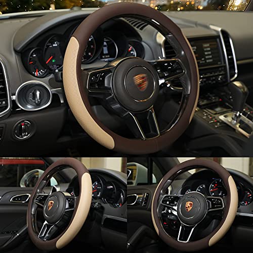 VARGTR Steering Wheel Cover, Microfiber Leather Splicing with Classic Embossing,Contrasting Colors Anti-Slip Breathable Auto Car Steering Wheel Cover Fit 15 Inch Car Wheel Protector (Coffee&Beige) - Image 3