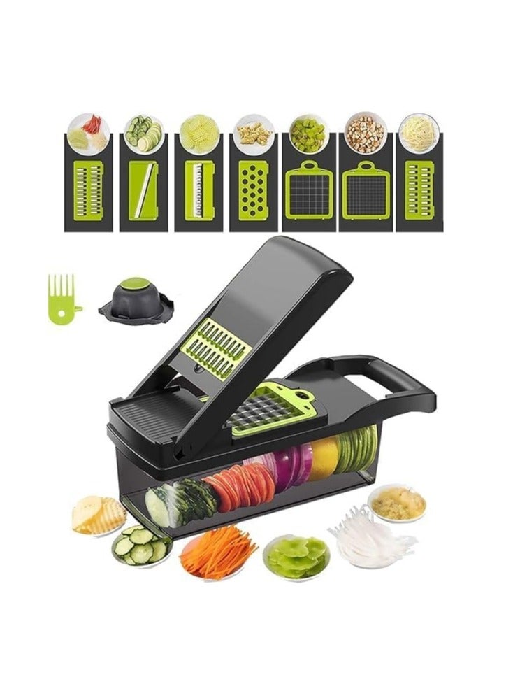 إلترازون قطاعة خضراوات، مفرمة، ومكعبات - ١٢ في ١، مفرمة بصل، ومقطع فواكه، ومفرمة طعام مع ٧ شفرات من الفولاذ المقاوم للصدأ، وقطاعة قابلة للتعديل، ومكعبات مع حاوية تخزين