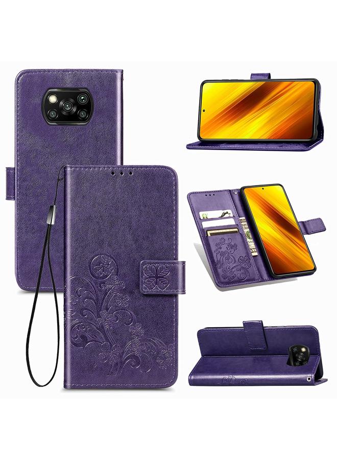 The Bros Case For Xiaomi Poco X3 NFC Four-leaf Clasp Embossed Buckle Mobile Phone Protection Leather Case with Lanyard & Card Slot & Wallet & Bracket Function