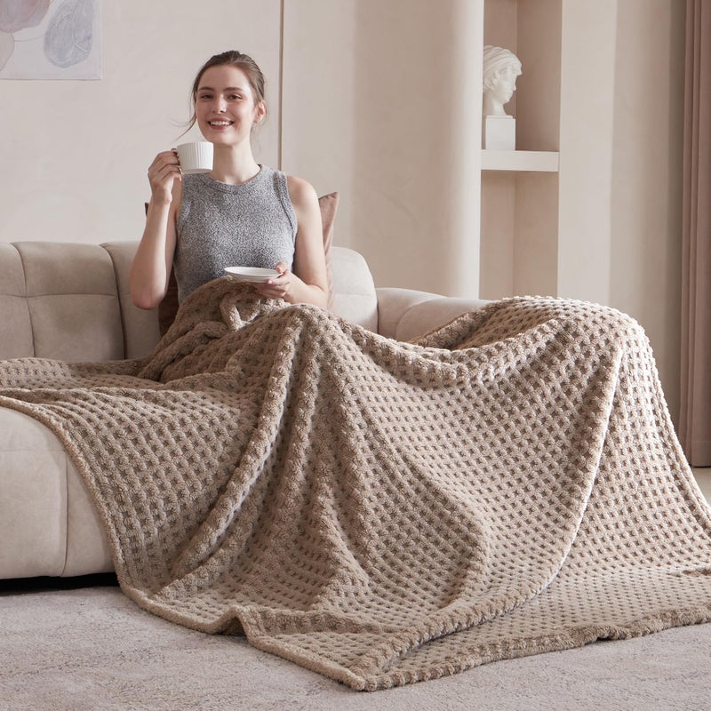 Serenhom Soft Cozy Fuzzy Fleece Throw Blanket, Waffle Light Taupe, 50x60 Inches â€“ Lightweight, Fluffy, and Warm 3D Jacquard All-Season Blanket for Couch, Bed, Sofa, Home Decor, Camping, and Travel - Image 3