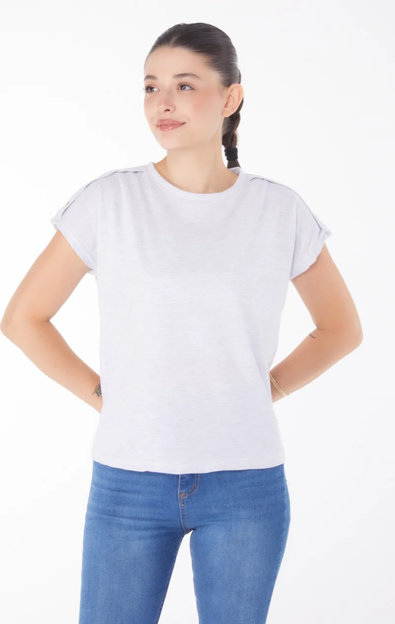 Tofisa Plain Crew Neck Women's Gray Button Detailed T-Shirt - 25950
